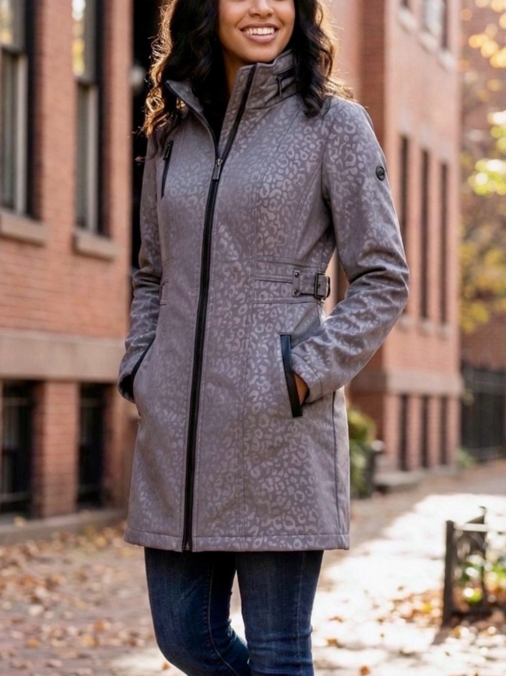 Michael Kors Gray Leopard Softshell Belted Trench Coat NWT